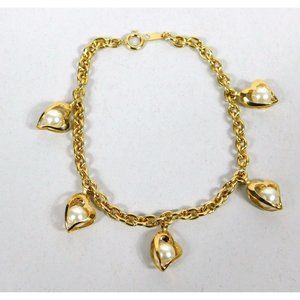 Vtg Faux Pearl Enclosed Hearts Gold Tone Bracelet 8 1/8" Long Spring Ring Clasp